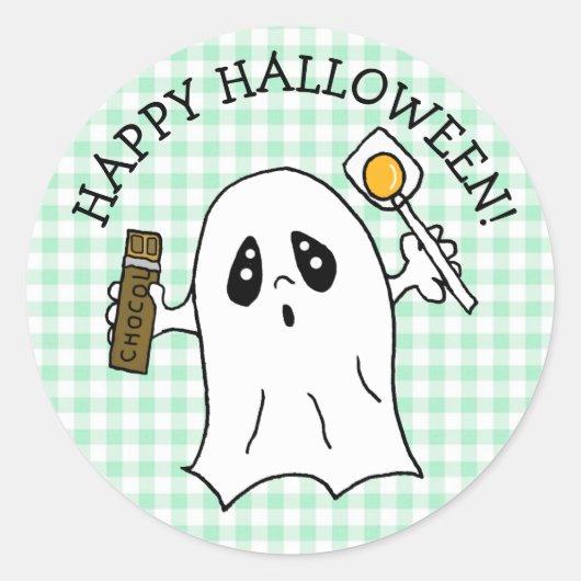 Sticker Rond Joyeux Fantôme d'Halloween avec bonbon (Devant)
