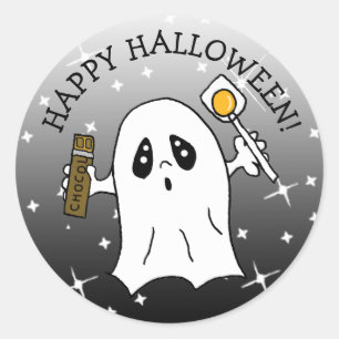Sticker Rond Joyeux Fantôme d'Halloween avec bonbon