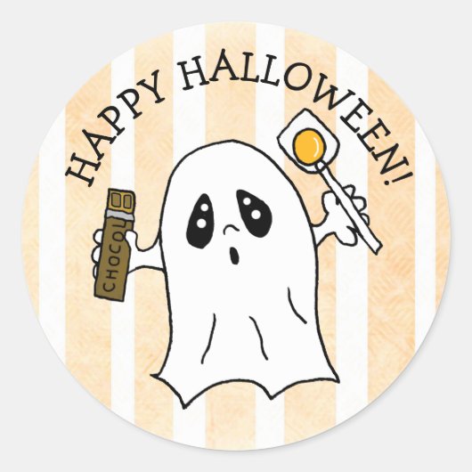 Sticker Rond Joyeux Fantôme d'Halloween avec bonbon (Devant)