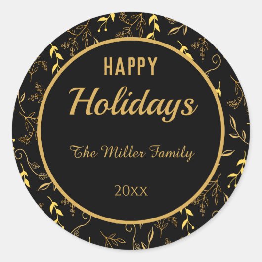 Sticker Rond Joyeux Feuilles d'or des fêtes en noir (Devant)