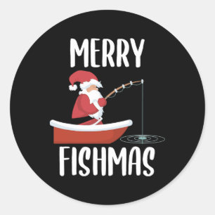 Sticker Rond Joyeux Fishmas Drôle de Père Noël Pêcheur Poisson