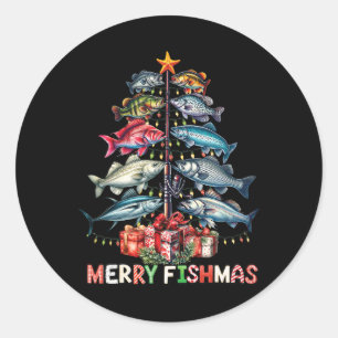 Sticker Rond Joyeux Fishmas Drôles de lumières de sapin de Noël