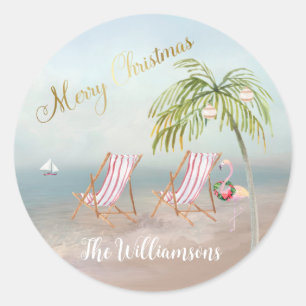 Sticker Rond Joyeux Flamant rose de plage de Noël Wreath unique