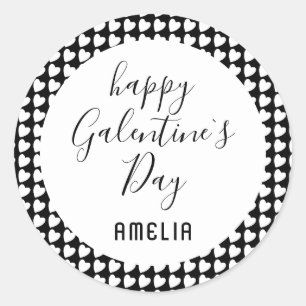 Sticker Rond Joyeux Galentine`s Day Coeur noir et blanc
