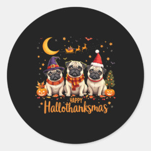Sticker Rond Joyeux Hallothanksmas Carlin Chiens Halloween Than