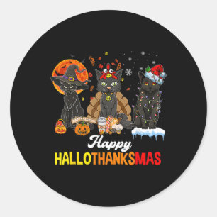 Sticker Rond Joyeux Hallothanksmas Chat Noir Halloween Thanksgi