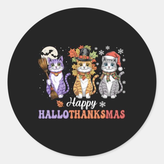 Sticker Rond Joyeux Hallothanksmas Chemises Chats Lover Hallowe (Devant)