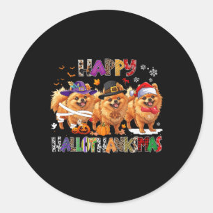 Sticker Rond Joyeux Hallothanksmas Chien Poméranien Halloween C