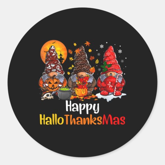 Sticker Rond Joyeux Hallothanksmas Gnomes Halloween Thanksgivin (Devant)