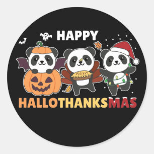 Sticker Rond Joyeux Hallothanksmas Pandas Noël Panda Classi