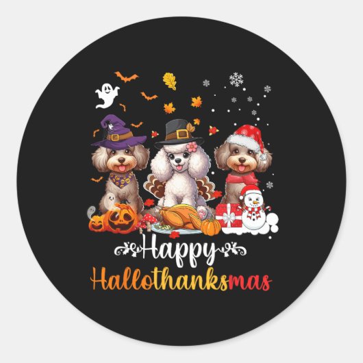 Sticker Rond Joyeux Hallothanksmas Poodle Dog Halloween Christm (Devant)