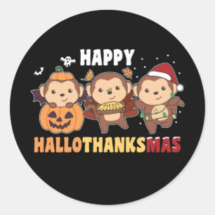 Sticker Rond Joyeux Hallothanksmas Singe Noël Singes Clas
