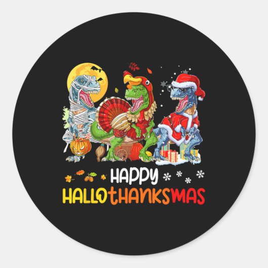 Sticker Rond Joyeux Hallothanksmas Thanksgiving Dinosaur T Rex  (Devant)