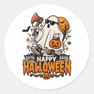 Sticker Rond Joyeux Halloween 2026 Fantôme avec Lunettes de Sol