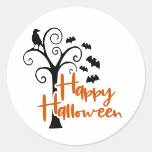 Sticker Rond Joyeux Halloween Arbre Noir Orange Mauvais Chauves
