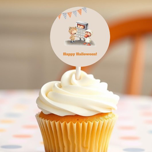 Sticker Rond Joyeux Halloween avec ours, canard et enfant calcu