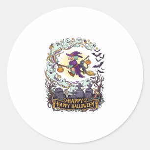 Sticker Rond Joyeux Halloween Balai de Sorcière Chat Noir Fantô