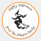 Sticker Rond Joyeux Halloween Black Flying Witch Nom personnali (Devant)