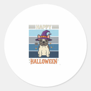 Sticker Rond Joyeux Halloween Bouledogue Français Sorcière Toil