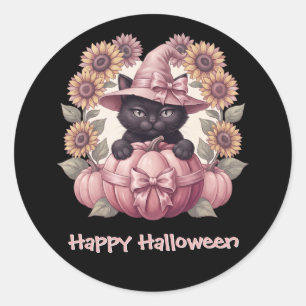 Sticker Rond Joyeux Halloween Chat Noir Citrouille Rose
