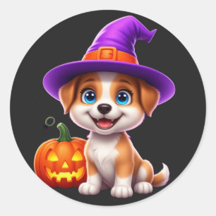 Sticker Rond Joyeux Halloween Chiot Avec Citrouille Jack 🐶