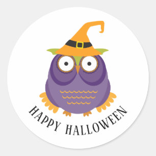 Sticker Rond Joyeux Halloween. Chouette stylisée. Trick ou réga