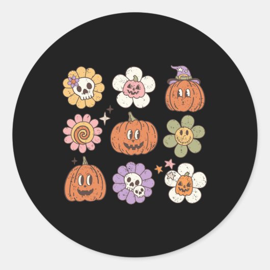 Sticker Rond Joyeux Halloween Citrouille Crâne fleur (Devant)