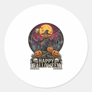 Sticker Rond Joyeux Halloween Citrouille Magicien Cimetière Ple