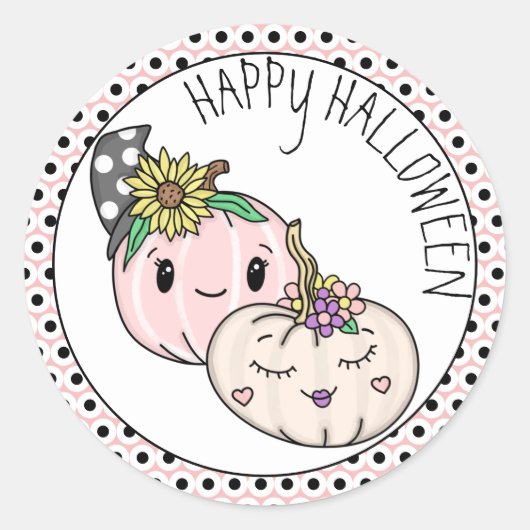 Sticker Rond Joyeux Halloween | Citrouille rose et Pois (Devant)