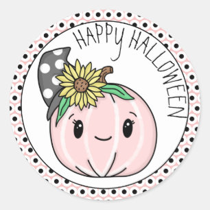 Sticker Rond Joyeux Halloween   Citrouille rose et Pois