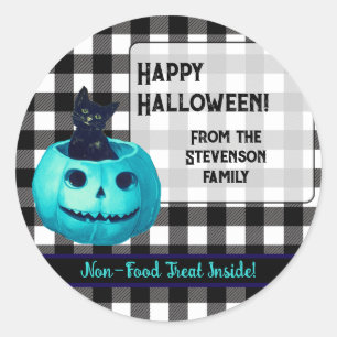 Sticker Rond Joyeux Halloween Citrouille Sarcelle et Carreaux