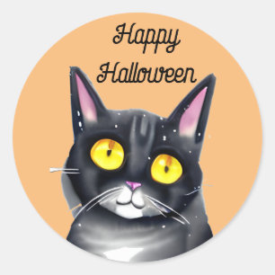 Sticker Rond Joyeux Halloween Cute chat noir Yellow Eyes