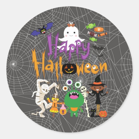 Sticker Rond Joyeux Halloween Enfants mignonnes et Éffrayants (Devant)