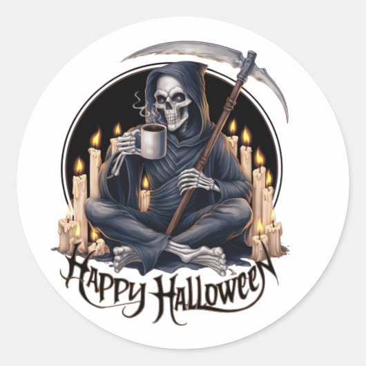 Sticker Rond Joyeux Halloween et un squelette (Devant)
