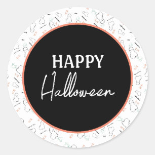 Sticker Rond Joyeux Halloween Fantôme Bonbons Dessin à Main Lev