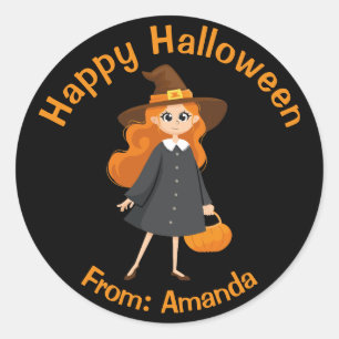 Sticker Rond Joyeux Halloween jolie sorcière noir et orange amu