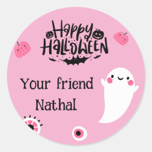 Sticker Rond Joyeux Halloween personnalisé avec un fantôme rose