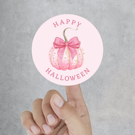 Sticker Rond Joyeux Halloween Ruban Coquette Rose Citrouille