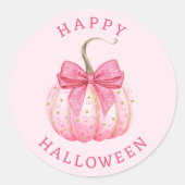 Sticker Rond Joyeux Halloween Ruban Coquette Rose Citrouille (Devant)