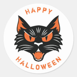 Sticker Rond Joyeux Halloween Scary Black Cat Face