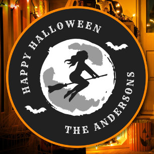 Sticker Rond Joyeux Halloween Sorcière à Vélo sur un Balai Nom