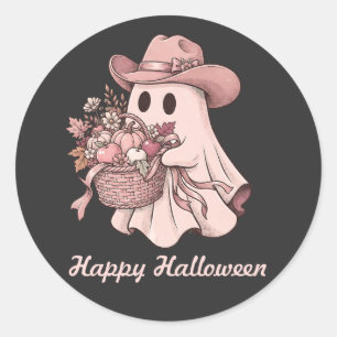 Sticker Rond Joyeux Halloween Vachette Rose Fantôme
