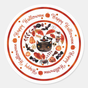 Sticker Rond Joyeux Halloween Whimsical Black Cat Aquarelle
