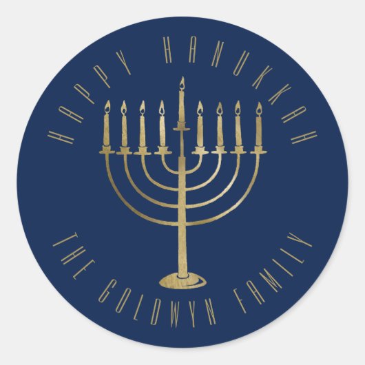 Sticker Rond Joyeux Hanoukka 'Blue Gold Menorah Holiday (Devant)