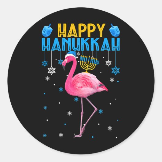 Sticker Rond Joyeux Hanoukka mignon Flamant rose Menorah juif F (Devant)