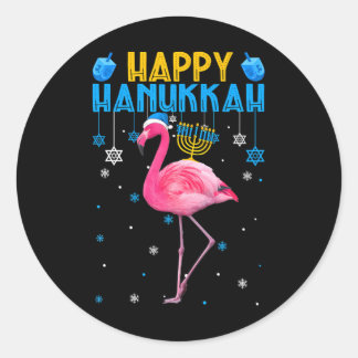 Sticker Rond Joyeux Hanoukka mignon Flamant rose Menorah juif F