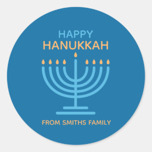 Sticker Rond Joyeux Hanukkah Photo de famille minimaliste bleu