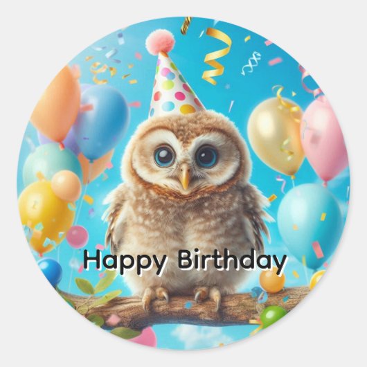 Sticker Rond Joyeux hibou d'anniversaire (Devant)
