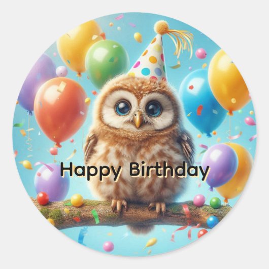 Sticker Rond Joyeux hibou d'anniversaire (Devant)