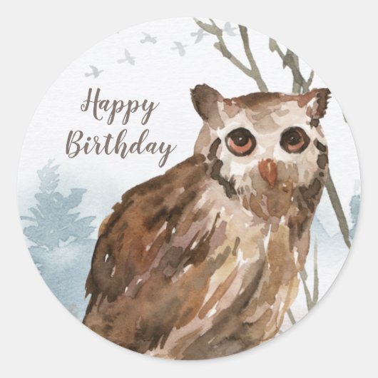 Sticker Rond Joyeux hibou de l'aquarelle d'anniversaire (Devant)